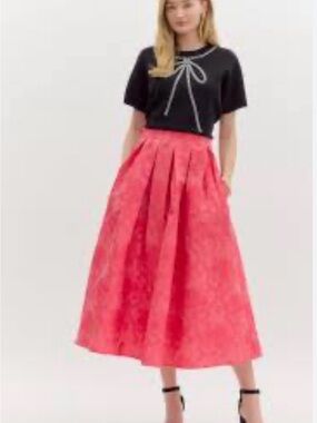entro Coral Pink Pleated Midi Skirt jacquard floral size small